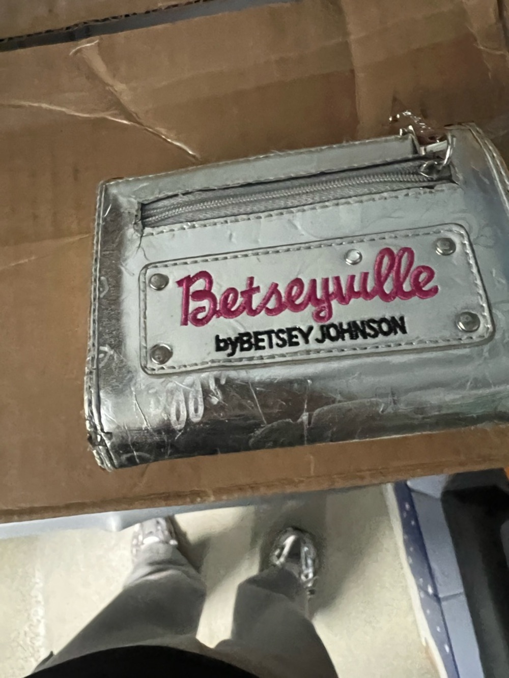 Betsey Johnson Silver Metallic Wallet with Pink Script Logo